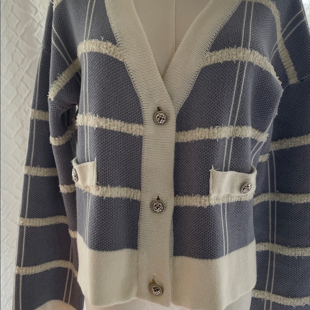 MABLE Sweater Nautical Striped Blue and White Cardigan Silver Medium Oversized - Picture 3 of 9